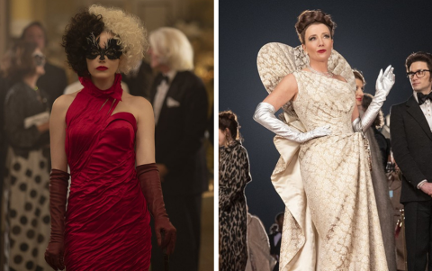 Cruella (Emma Stone) toma venganza de La Baronesa (Emma Thompson). Cada vez que hay un evento importante, ella aparece y le roba el protagonismo con sus estupendos atuendos.