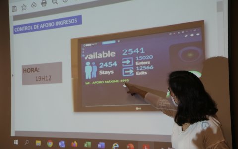 En la pantalla se observa el sistema de tecnología que se usan los malls para saber cuántas personas están en el lugar.