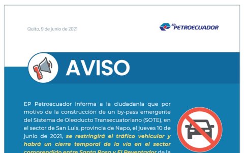 Horarios en los que estará restringido el acceso al territorio comprendido entre los sectores denominados Santa Rosa y Reventador.