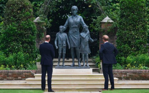 Príncipes Harry y William observando la escultura de su madre, creada por Ian Rank-Broadley.