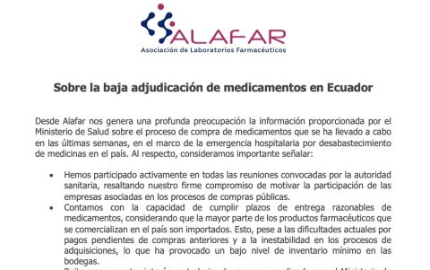 El comunicado de la Asociación de Laboratorios Farmacéuticos sobre el tema de los concursos de compras públicas de medicamentos.
