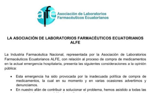 Imagen del comunicado público remitido por la ALFE sobre el tema de la compra de medicamentos.