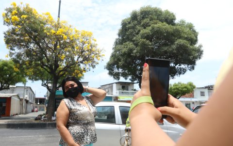 Llisenia García aprovecha el florecimiento de los árboles para tomarse fotos con su familia.