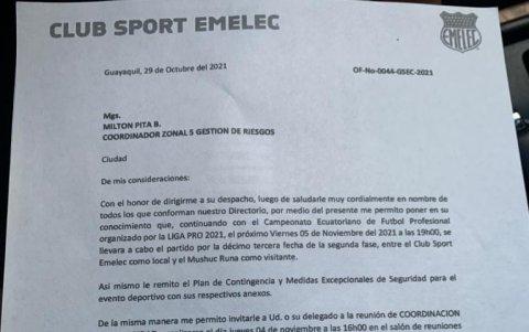 Plan de Contingencia enviado por Emelec el pasado 29 de octubre.