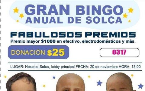 El bingo del Comité de Damas de Solca se realizará este 20 de noviembre.