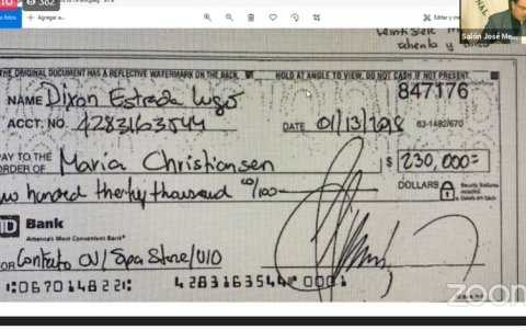 Villavicencio le presentó a Serrano este cheque de Chérrez a María Paula Christiansen, excoordinadora general Administrativa Financiera del Ministerio del Interior.
