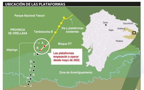 Ubicación. Hay siete plataformas que Petroecuador espera  construir dentro de la zona de amortiguamiento