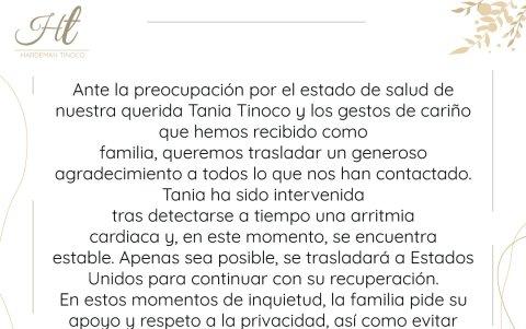Comunicado de la familia sobre la salud de Tinoco.
