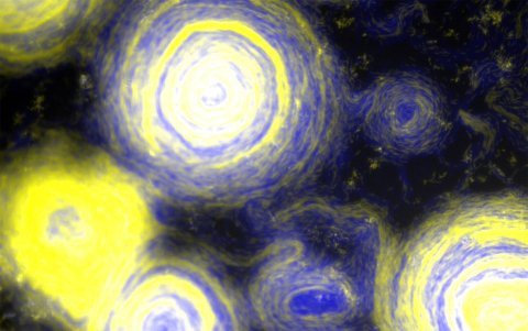 Imagen ampliada de una mezcla experimental de mixobacterias que se asemeja a la obra de Van Gogh