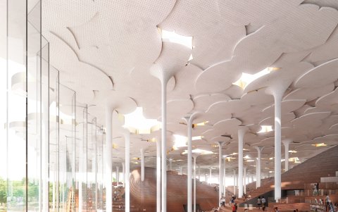 Pekín. Sostendrán el techo decenas de columnas que simulan a hojas gigantescas del árbol gingko, emulando en conjunto un bosque surrealista.