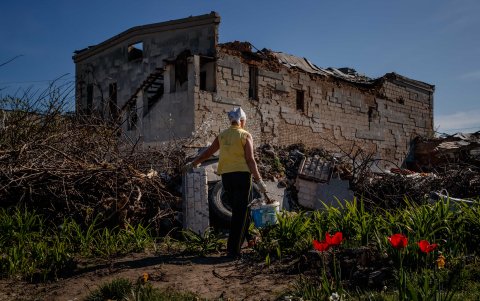 Nina cuida las flores de su jardín frente a su casa destruida por proyectiles de alto calibre, el 6 de mayo de 2022, en Baryshivka (Ucrania).