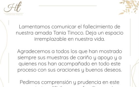 Comunicado de la familia de Tania Tinoco informando de su sensible fallecimiento