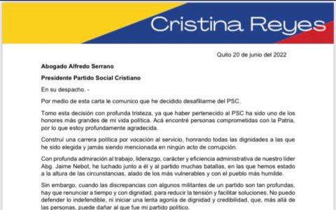 Esta es la carta de Reyes al presidente del PSC, Alfredo Serrano.