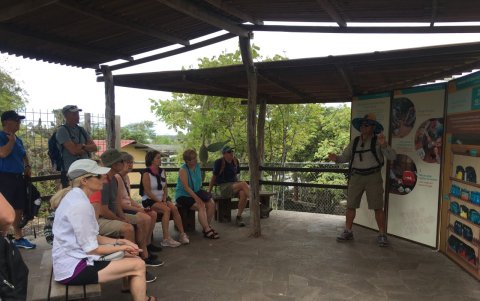 Un guía explica a un grupo de turistas extranjeros sobre cómo funciona el Centro de Crianza Fausto Llerena, ubicado en la isla Santa Cruz.