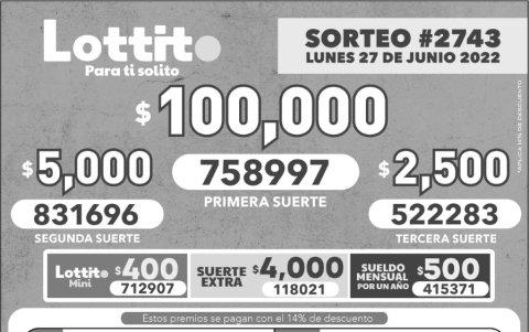 BOLETIN LOTTO 2743, lunes 27 DE JUNIO 2022