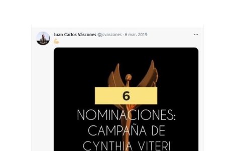 Un tuit con el que Juan Carlos Vásconez celebraba la nominación de la campaña política de la que fue artífice.