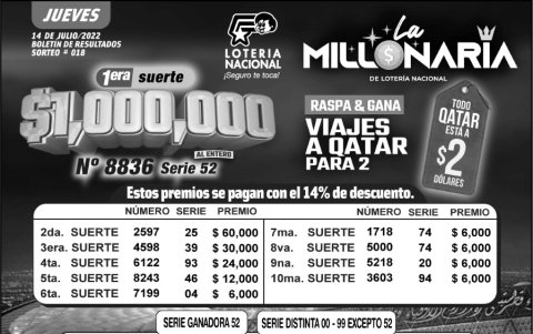 BOLETIN LA MILLONARIA 18, JUEVES  14 DE JULIO 2022