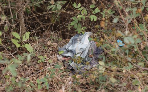 Entre los matorrales hay ropa y zapatos abandonados.