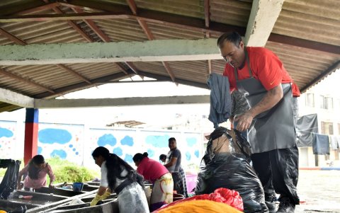 Equidad. Los caballeros también son parte del trabajo duro. Mientras unos friegan la ropa y luchan para eliminar lo percudido, otros empacan lo que ya está lavado para retirarse después de cinco horas.