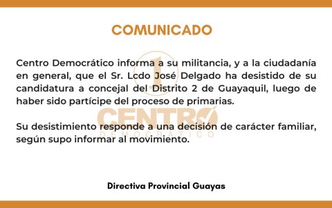 Comunicado de Centro Democrático sobre la decisión de José Delgado para no participar en elecciones.