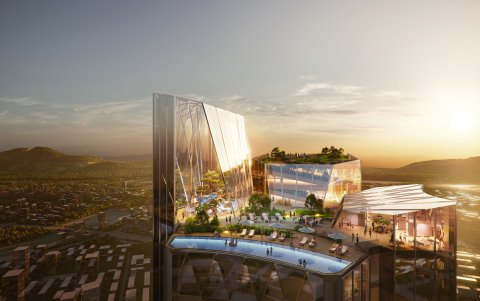 Vistas desde la distancia, las fachadas cóncavas compuestas por cientos de paneles de cristales triangulares tridimensionales e inclinados en distintos ángulos, ofrecen un relieve espejado en el que se aprecian distintas figuras geométricas, como triángulos, rombos y hexágonos, compuestas por triángulos isósceles.