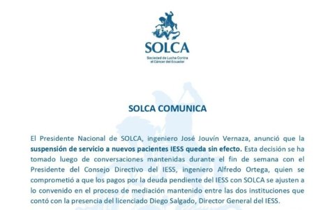 El comunicado de Solca de este lunes 29 de agosto de 2022 sobre la deuda del IESS.