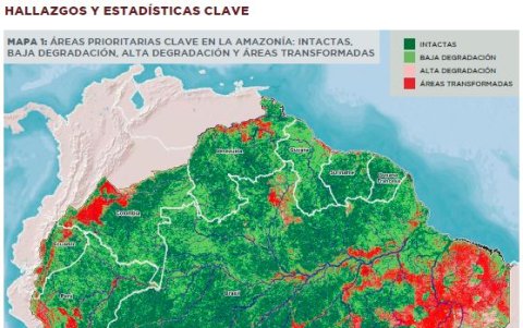 Mapa de impactos de actividades del hombre en la Amazonía.