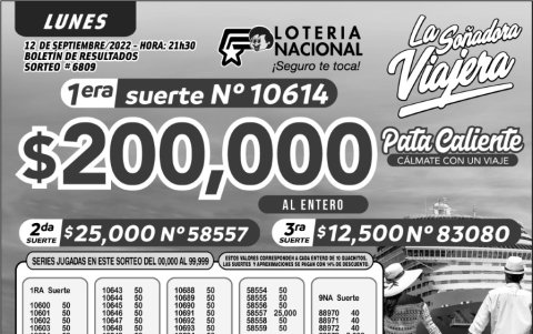 BOLETIN LOTERIA 6809,LUNES 12 DE SEPTIEMBRE-2022