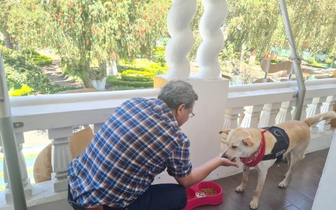 Atención. El alcalde Luis Silva le da de comer a Firulays, convertido en un 'empleado' más de la Municipalidad.