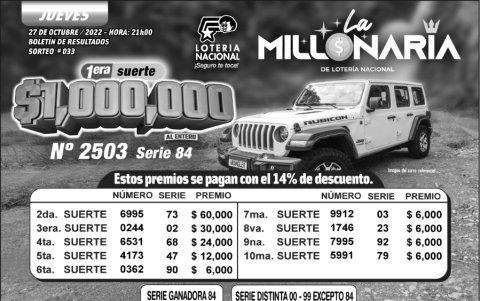 BOLETIN LA MILLONARIA 2503, JUEVES 27 DE OCTUBRE 2022