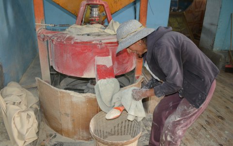 La molienda. Tras tostar el grano, se lo traslada a los molinos, donde se consigue la harina llamada máchica.