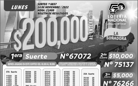 _BOLETIN LOTERIA 6837, LUNES 14 DE NOVIEMBRE -2022