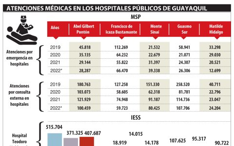 El gráfico resume algunas de las cifras de atenciones médicas en los hospitales de Guayaquil, facilitadas por el MSP y el IESS
