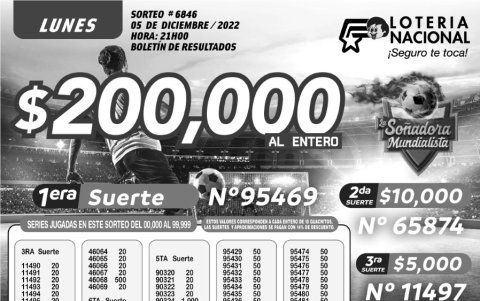 OLETIN LOTERIA 6846, LUNES 5 DE DICIEMBRE-2022