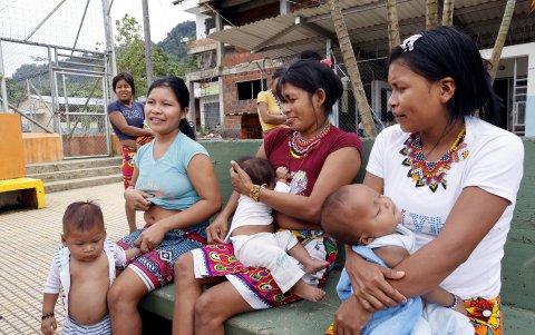 Miembros de la comunidad indígena embera dobida alimentan a sus hijos el 23 de noviembre de 2022 en la población de Pie de Pató, departamento del Chocó, Colombia.