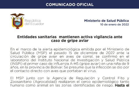 Comunicado del MSP sobre el contagio de una menor con gripe aviar.
