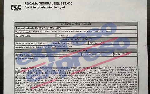 Copia de la denuncia interpuesta ante la Fiscalía General del Estado por el asalto.