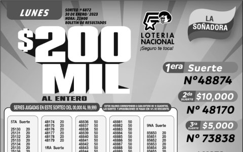 BOLETIN LOTERIA 6872, LUNES 30 DE ENERO 2023