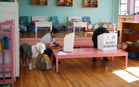 Jorge Yunda sufragó en el Centro Educativo General Artigas acompañado de su gato y su perro.