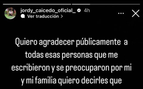 Jordy Caicedo, delantero tricolor que juega para el Sivasspor de Turquía, agradece a través de una historia en Instagram los mensajes de apoyo tras terremoto.