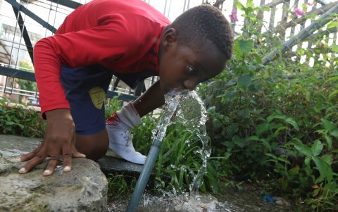 Los pequeños deben beber agua de una tubería expuesta en el sector. No hay ni baños.