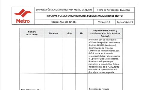 Extracto del informe emitido por la Empresa Metro de Quito.