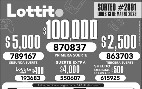 BOLETIN LOTTO 2891, LUNES 13 DE MARZO 2023