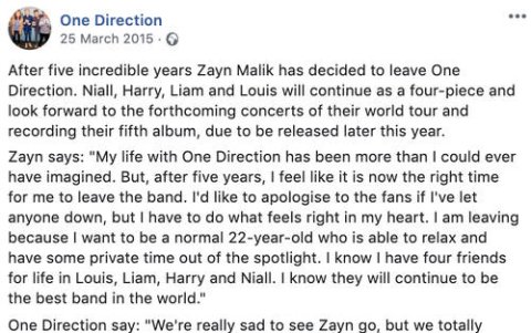 El 25 de marzo del 2015 Zayn Malik abandona la banda.