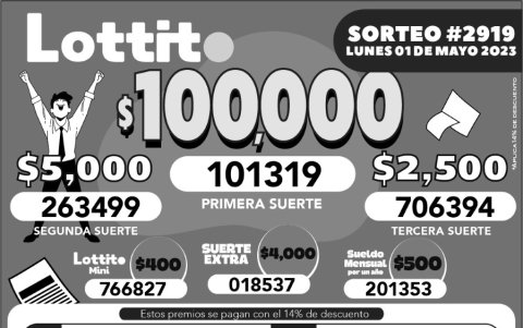BOLETIN LOTTO 2919, LUNES 1 DE MAYO 2023

BOLETIN LOTTO 2919, LUNES 1 DE MAYO 2023

BOLETIN LOTTO 2919, LUNES 1 DE MAYO 2023