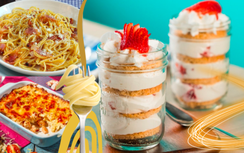 Lasaña de camarones, espaguetti a la carbonara y una minicarlota  con crema chantilly