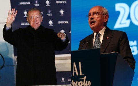 El presidente de Turquía y candidato a la reelección, Recep Tayyip Erdogan (i), y su oponente en la segunda vuelta de las elecciones presidenciales del 28 de mayo.
