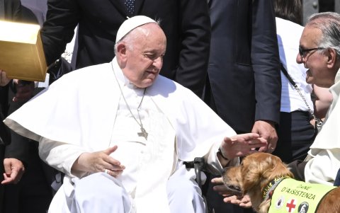El Papa Francisco acaricia a un perro guía durante la Audiencia General semanal en la Plaza de San Pedro en el Vaticano, el 31 de mayo de 2023.
