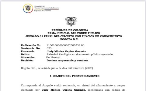 Condena contra la abogada Judy Mónica Ospina