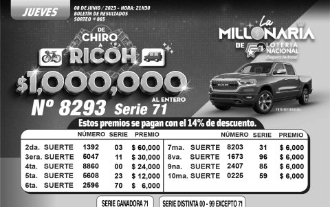 BOLETIN LOTERIA LA MILLONARIA 065, JUEVES 8 JUNIO 2023